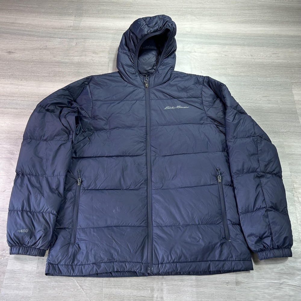 Eddie Bauer Jacket Mens Medium Blue Hooded Down Puffer Insulated Full Zip EB650